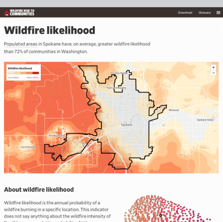 Screenshot of Wildfire Risk to Communities, an application that educates the public about wildfire probability.