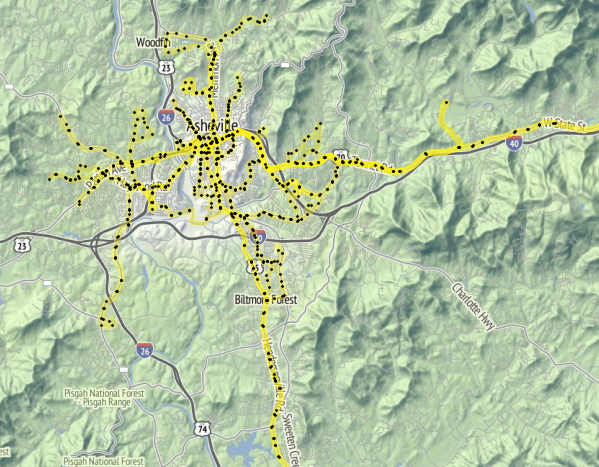 Asheville, NC – Bus stops and routes from GTFS data