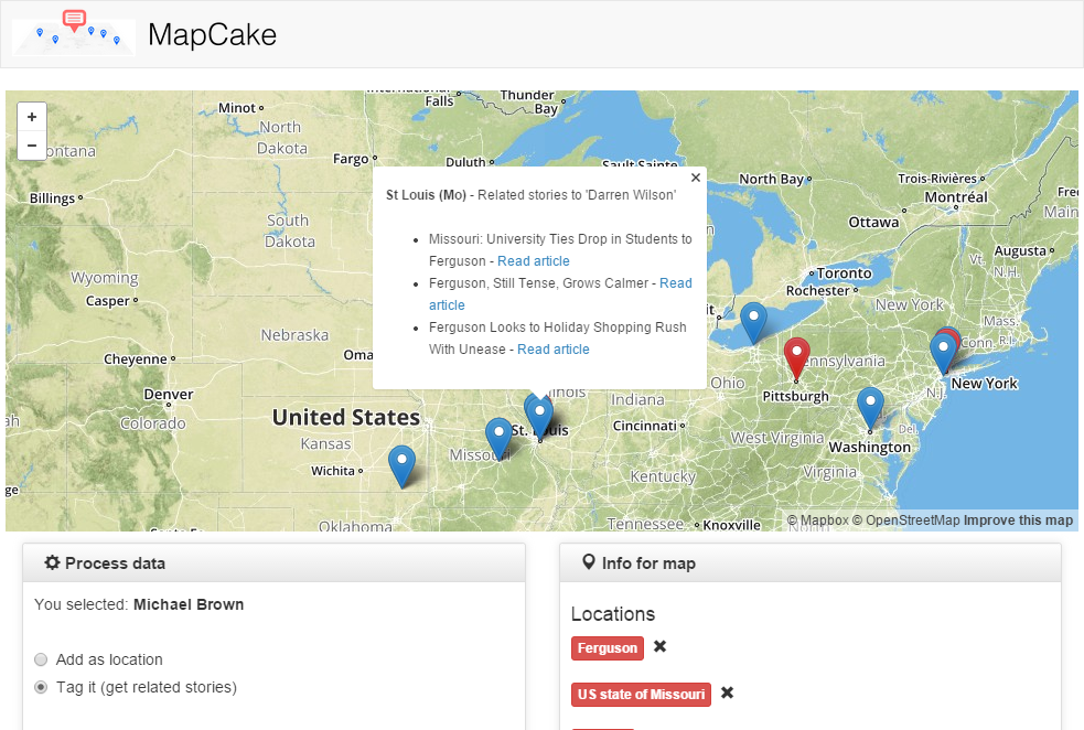 MapCake app showing stories related to "Michael Brown" near Ferguson, MO.