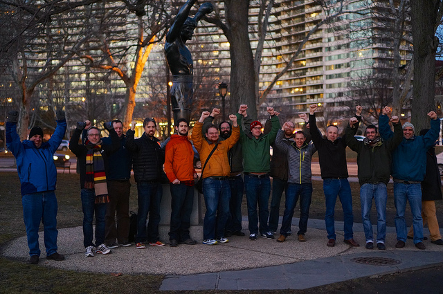 OSGeo Code Sprinters pose in front of the Philadelphia Art Museum's "Rocky Balboa" statue. Three cheers for open source!