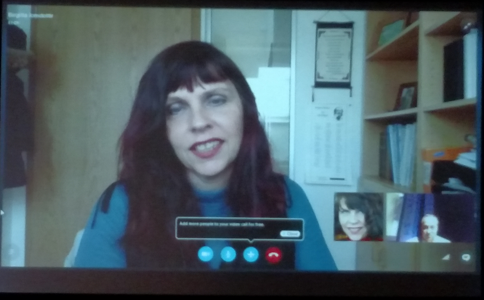 Birgitta Jonsdottir speaking over Skype at the PDF Conference