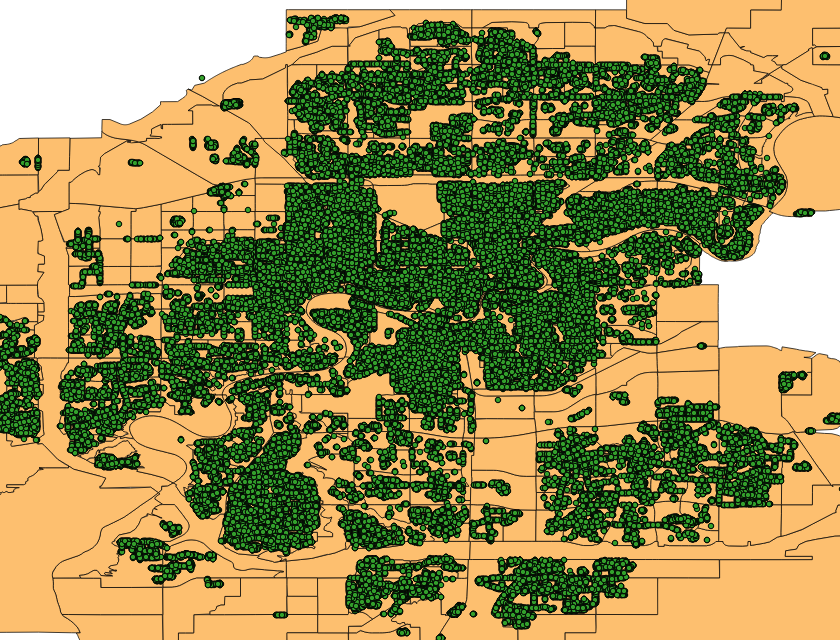 A map of trees with the underlying Edmonton neighborhoods shapefile.