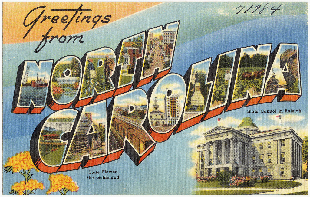 Postcard reading "Greetings from North Carolina"