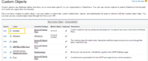 A snapshot of the Custom Objects page in the Nonprofit Starter Pack
