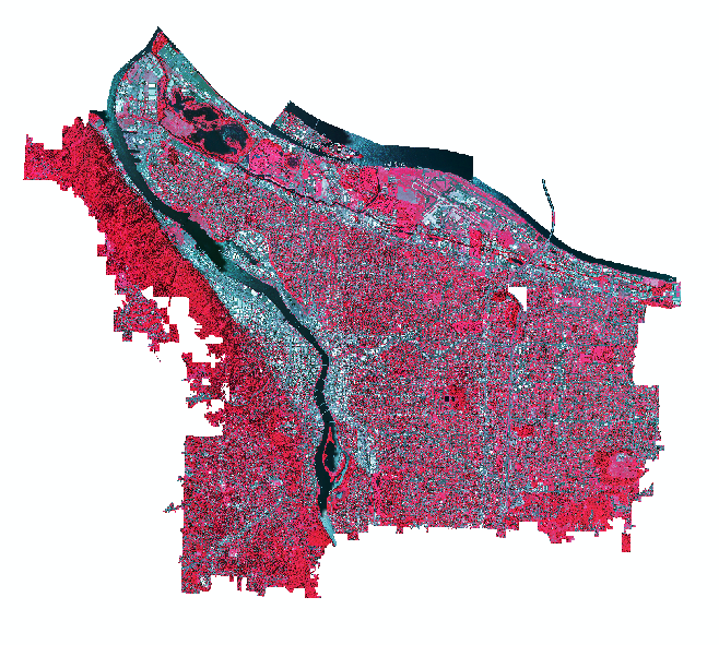 A composited NAIP image of the city of Portland, OR in 2014 displayed in color-infrared 
