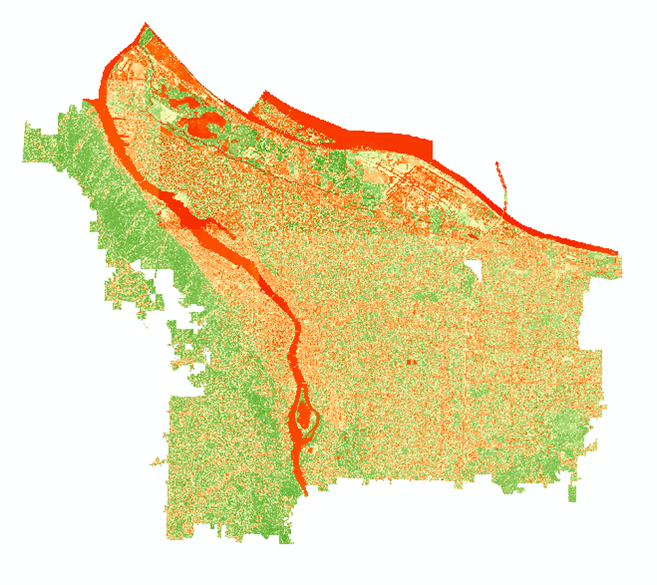 The Normalized Differentiated Vegetation Index of the NAIP composite displayed using a diverging color ramp.