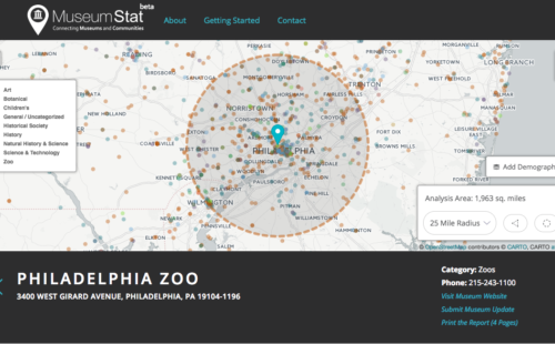 Use MuseumStat to display the location of organizations like museums, nature centers, aquariums, and zoos on an interactive map.