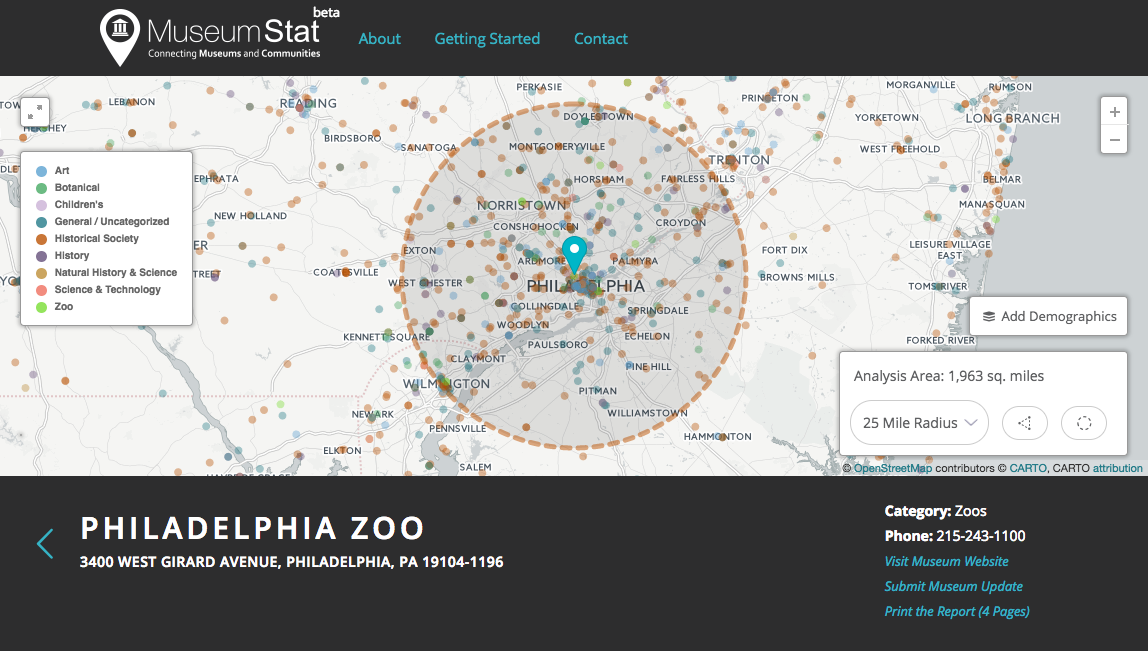 Use MuseumStat to display the location of organizations like museums, nature centers, aquariums, and zoos on an interactive map.