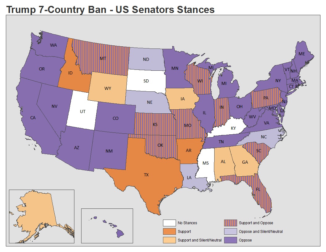 Map of US Senators Responses to Trump's 7-Country Ban