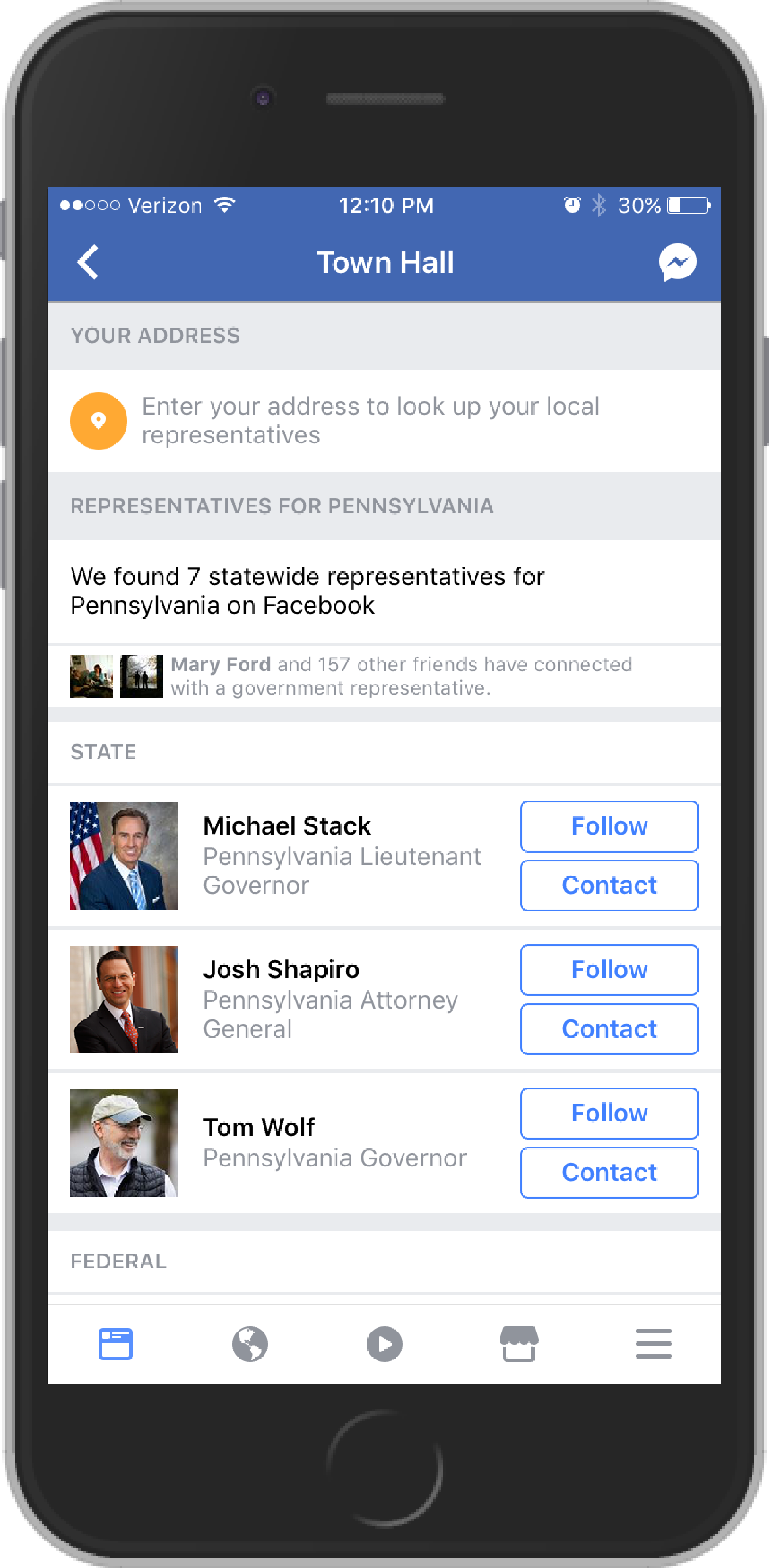 A screen shot of the Facebook Town Hall Application