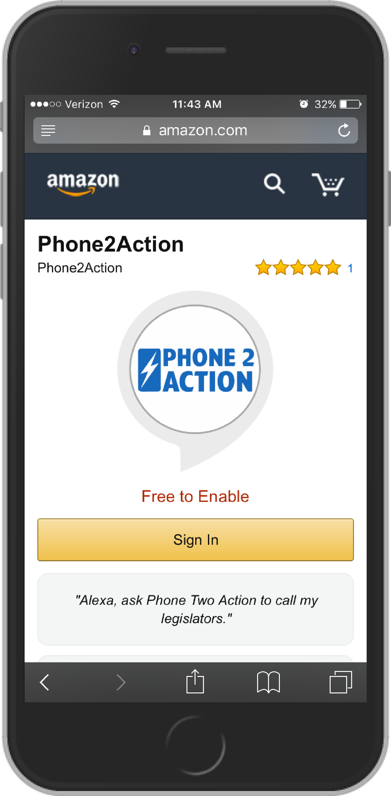 A screenshot of the Phone2Action Alexa skill on a mobile device