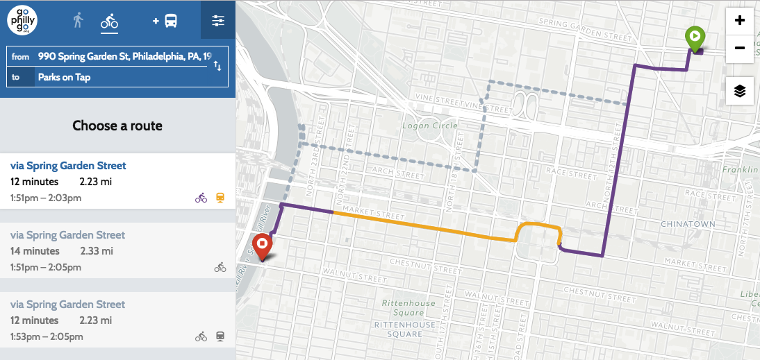 GoPhillyGo multi-modal routing application built by Azavea