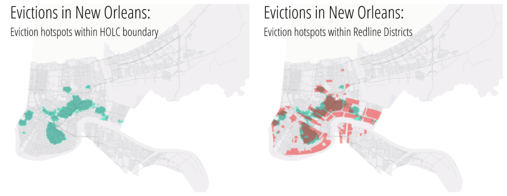 This map shows where statistically significant evictions are clustered, and the right map shows how those areas align with D graded HOLC zones. 