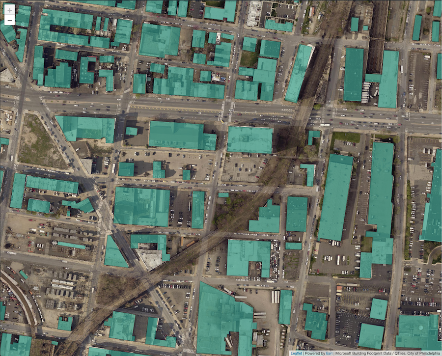 Philadelphia Building Footprint tiles with an aerial basemap