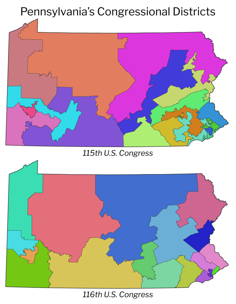 A comparison of Pennsylvania's congressional districts before and after mandated redistricting in 2018