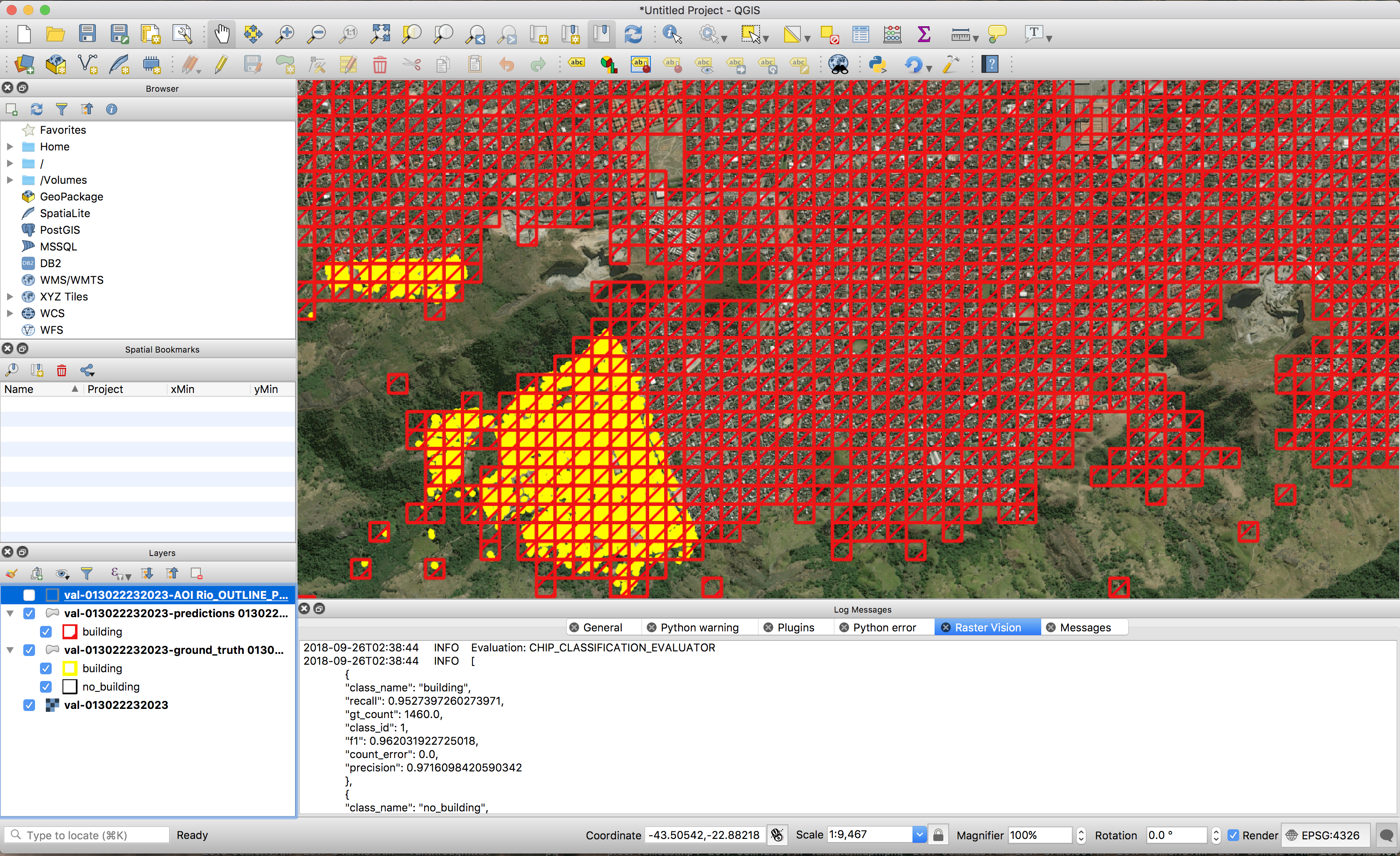 An example of shared Raster Vision experiment results in QGIS