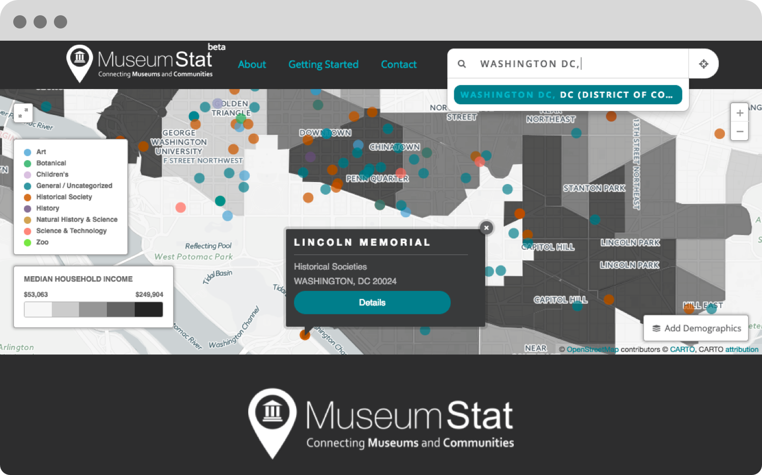 Use MuseumStat to visualize statistical data related to the location of the organization.