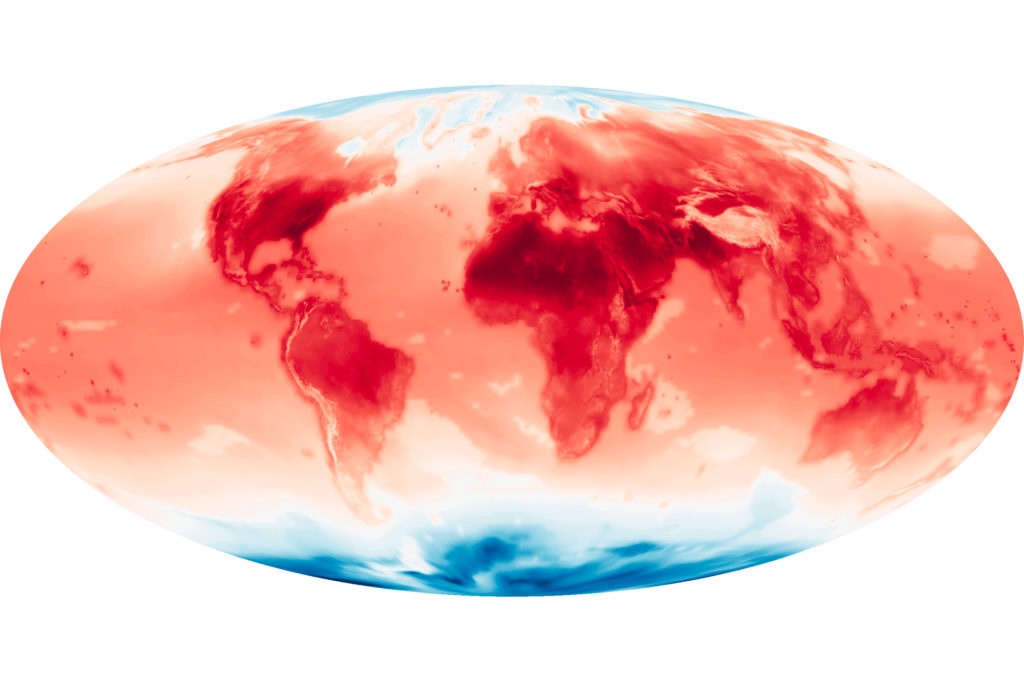 Model projections of maximum air temperatures near the ocean and land surface in June of 2099