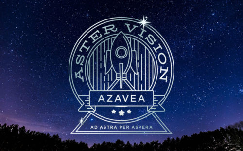 Aster Vision badge of a rocket shooting into space overtop a photograph of the night sky.