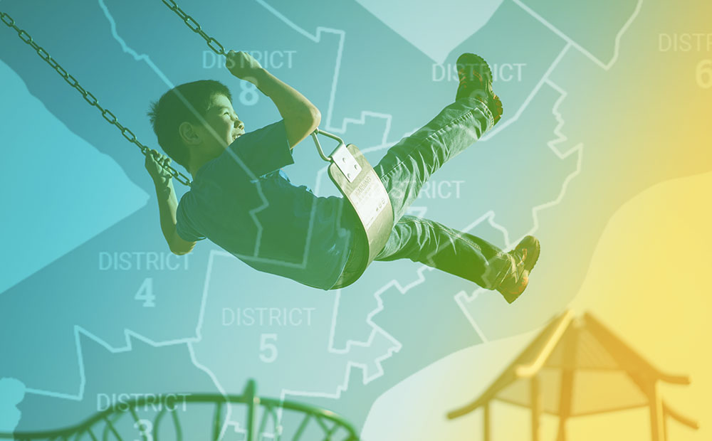 Districts of Philadelphia overlaid on top of a photo of a child swinging with the sky and playground in the background.