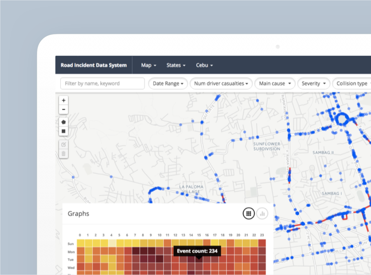 Screenshot of DRIVER highlighting incidents on a map and its corresponding heatmap.