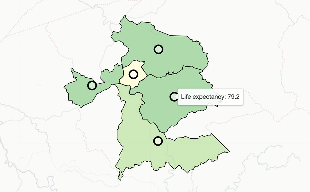 Crop of an interactive map showing census blocks in West Virginia with the life expectancy of one highlighted.