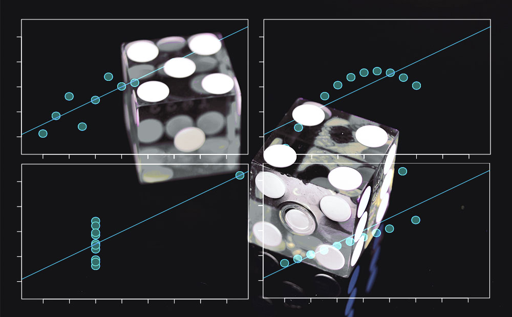 Picture of dice overlaid with charts from Anscombe's Quartet.