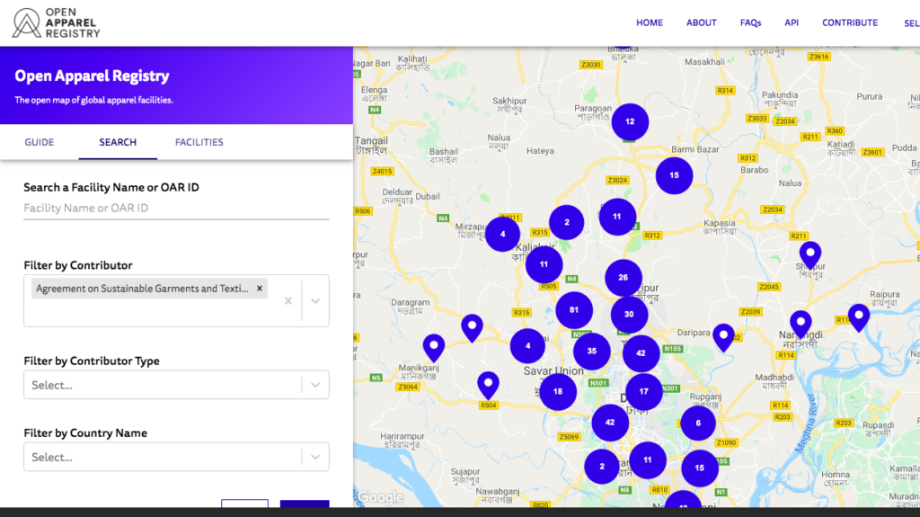 Image is a screenshot of the Open Apparel Registry with the search term of Agreement on Sustainable Garments and Textiles. The map is showing facilities in Bangladesh.