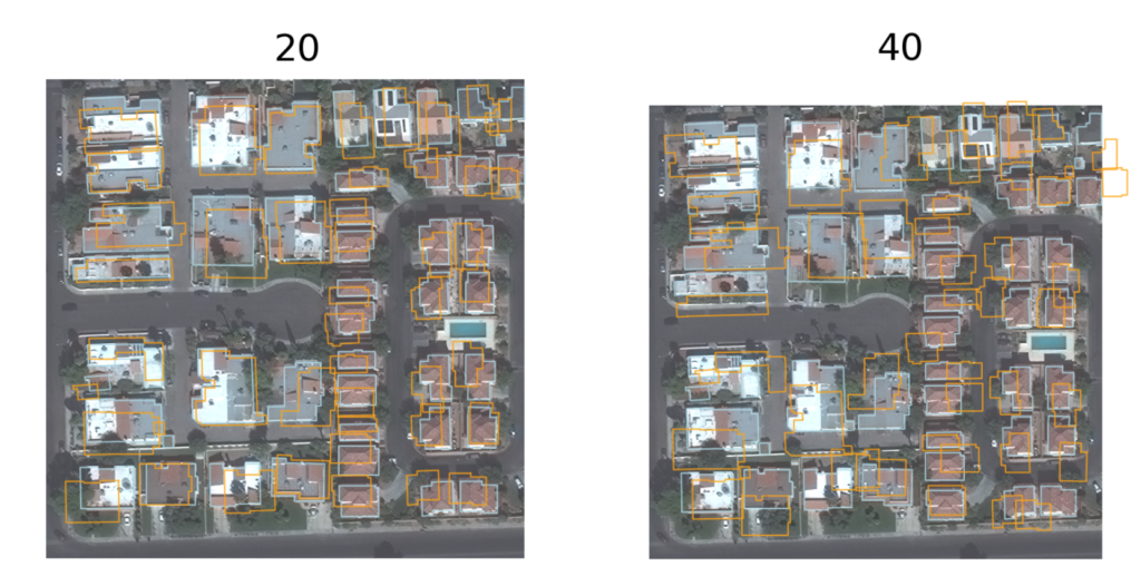 Examples of randomly shifted buildings. (Light blue are ground truth, orange are shifted outlines)