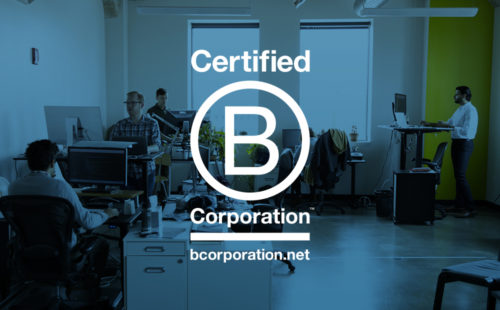 B Corporation logo overtop of an image of the Azavea office.