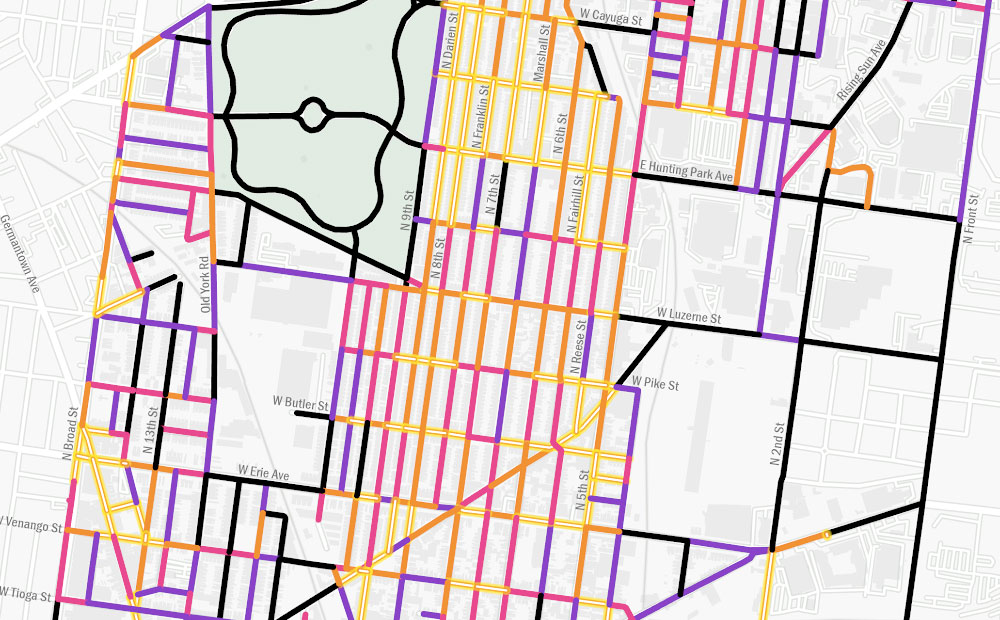 Crop of map visualization that shows data for streets in Huntington Park, Philadelphia.