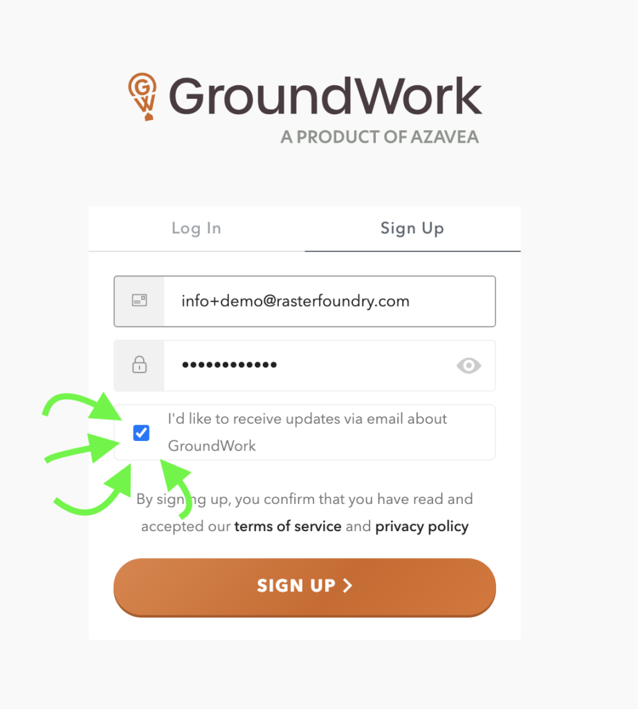 groundwork sign up form with arrows pointing to checkbox