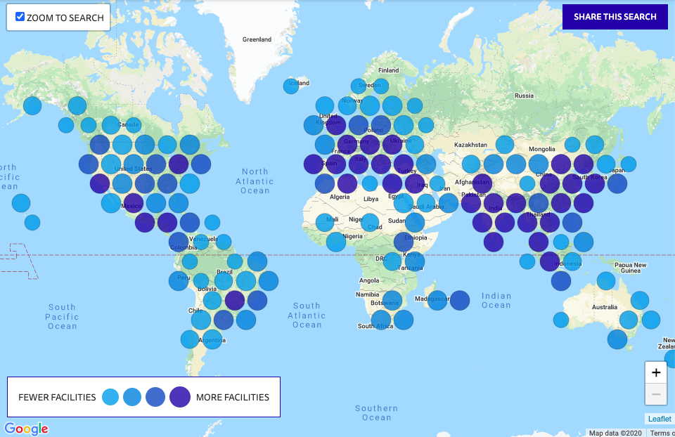 Map from the Open Apparel Registry with dots indicating the locations of facilities in the apparel industry around the world