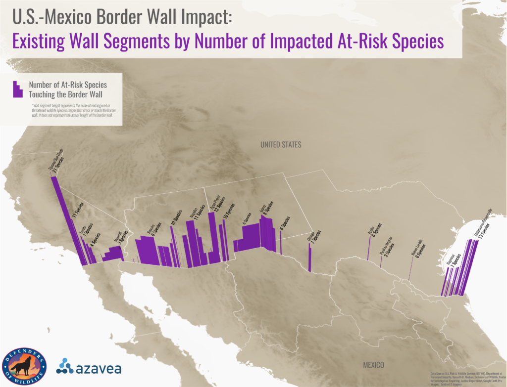 Map of existing wall segments by number of impacted at-risk species