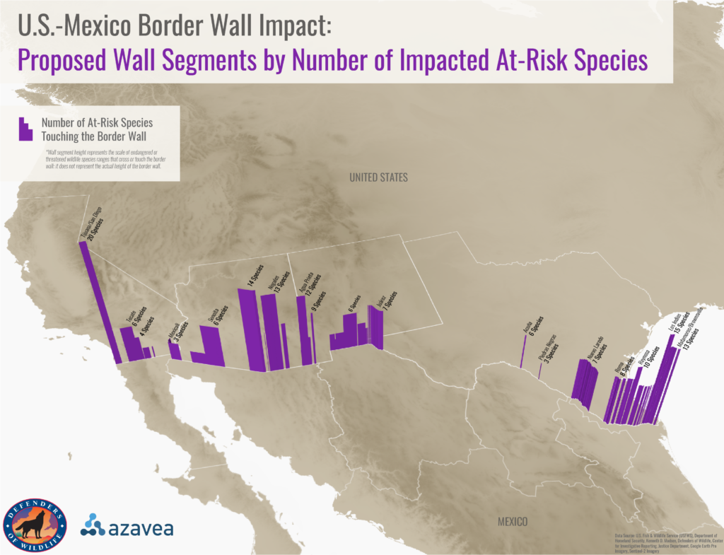 Map of proposed wall segments by number of impacted at-risk species