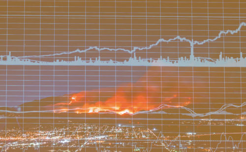 Charts overlaid overtop of image of wildfires in California.