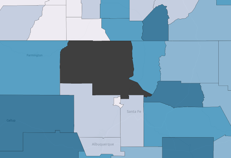 A choropleth based on the style in the preceding code block. Everything looks great except for the attention-grabbing nodata in the middle of the map.