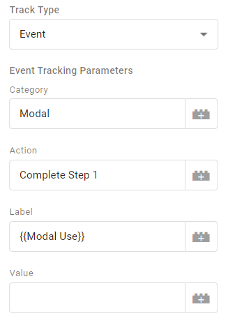 Event Tracking Parameters in Google Tag Manager can be set to variables like Modal Use, which dynamically calculate a value when the event is triggered, or they can be static values which you define for each tag.