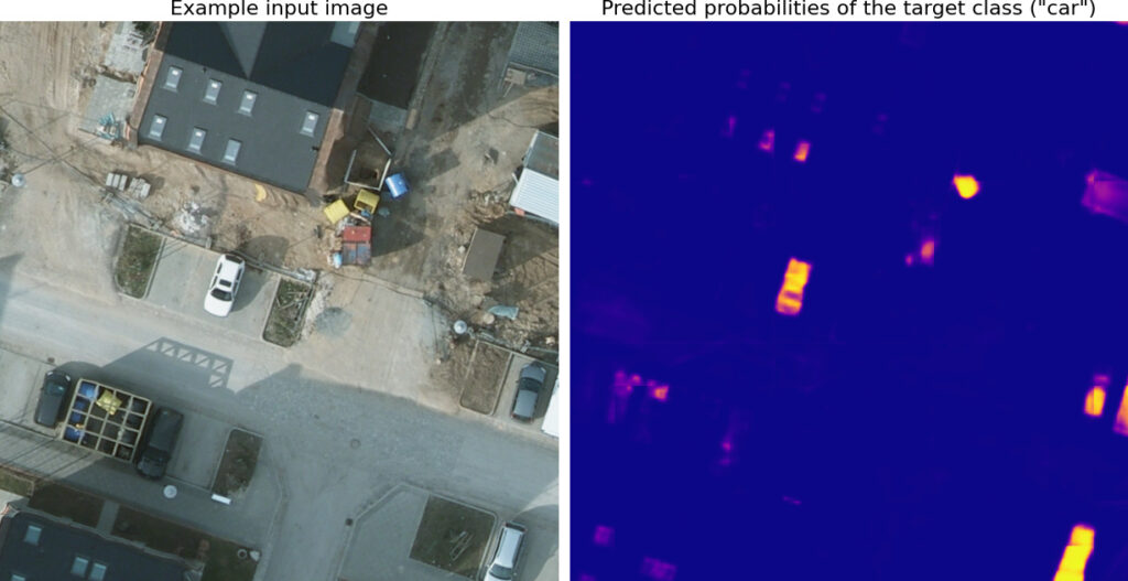 an input image on the left shows an aerial view of several buildings and cars. The image on the right depicts a model output of the same image. The model is trying to identify cars, but doesn't correctly identify all of the cars or non-car objects. 