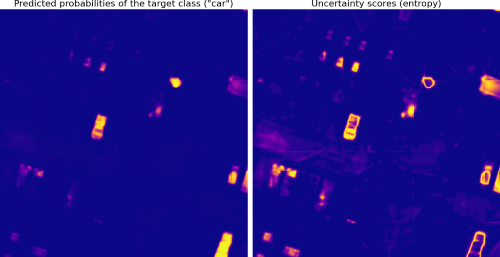 Two aerial images side-by-side. There are more objects lit up in the image on the right demonstrating that there are non-car objects confusing the model, and being assigned a higher uncertainty score. 