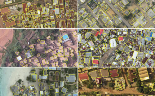 A grid of 6 aerial images with buildings outlined with yellow boxes.
