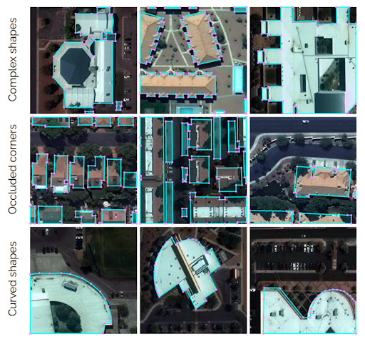 A grid with 9 images showing that PolyWorld can handle difficult cases including complex shapes, occluded corners, and curved shapes. There are polygons around buildings representing these shape types. 