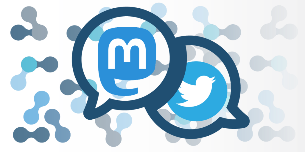 Graphic with two speech bubbles overlapping. One speech bubble has a light blue Mastodon logo in it, and the other speech bubble has the light blue Twitter logo in it. 