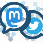 Graphic with two speech bubbles overlapping. One speech bubble has a light blue Mastodon logo in it, and the other speech bubble has the light blue Twitter logo in it.