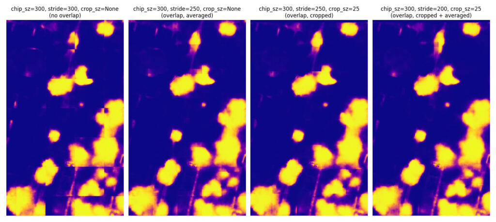 4 side-by-side images with a blue background and bright splotches. The first image shows the default behavior with very obvious boundary artifacts. The second image shows an improvement using a smaller stride and averaging. The third image shows an improvement using edge cropping. The fourth image shows a combination of averaging and cropping.