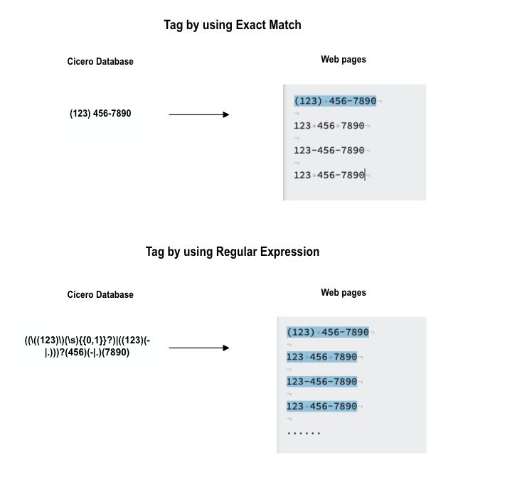 The comparison between using “exact match” and regular expression during BIO tagging on the phone/fax numbers. The results of the regular expression are more comprehensive.