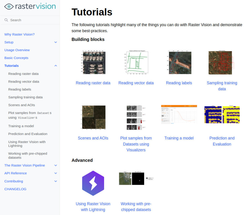 Screenshot of tutorial thumbnails in raster vision including a tutorial for Reading raster data, reading vector data, reading labels, sampling training data, scenes and AOIs, Plot samples from Datasets using visualizers, training a model, and prediction and evaluation. 