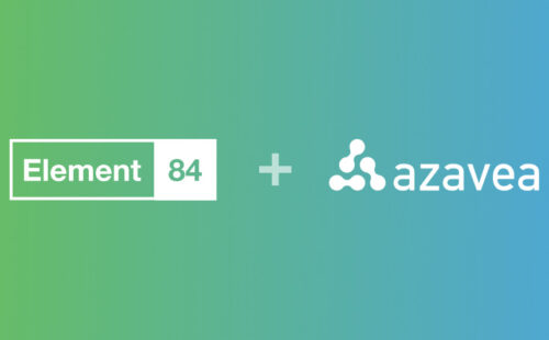 Element 84 and Azavea's logos are joined with a plus sign on a gradient background of blue and green (the two organizations' brand colors)
